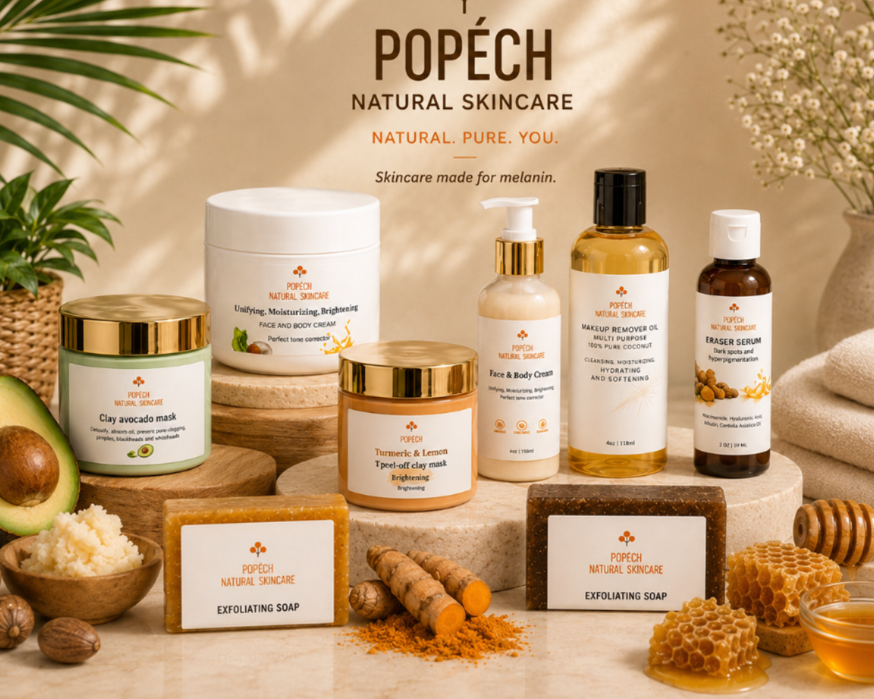 Botanical skincare products arranged on earthy surface